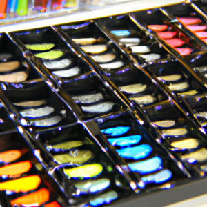 A close-up of an array of colorful mascaras in a palette.