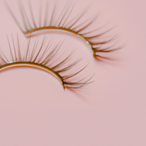 Close-up of a pair of eyelashes with a light pink background.