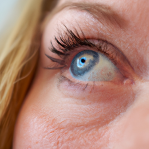 Closeup of a woman's eye with a hint of blue mascara on the lower lashes.