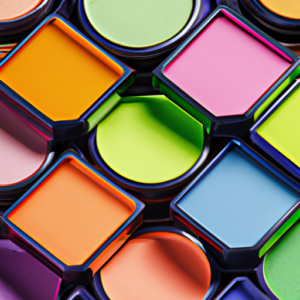 A close-up of a variety of colorful highlighter makeup products arranged in a gradient pattern.
