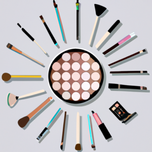A classic makeup palette with brushes and beauty products arranged in a circular pattern.