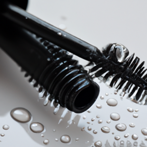 A closeup of a mascara wand and brush, with droplets of mascara on the bristles.