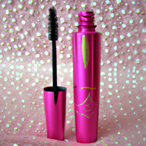 A bright pink mascara tube and wand with a sparkle effect.