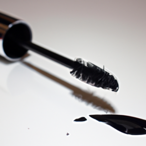 A close-up image of a mascara wand covered in black mascara.