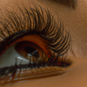 A close-up of a woman's eye with dramatic eyelashes, emphasizing the length and curl.