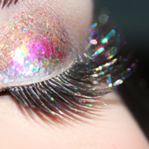 A close-up of a colorful, lush eyelash curling up with a subtle sparkle.