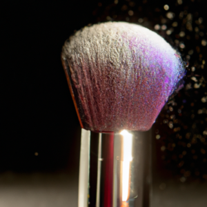 A close-up of a makeup brush with shimmering powder on it.