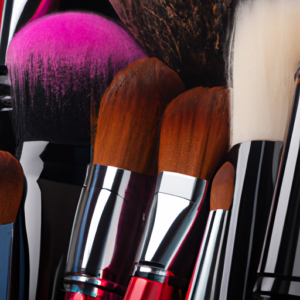 A close-up of a variety of makeup brushes with colorful bristles.