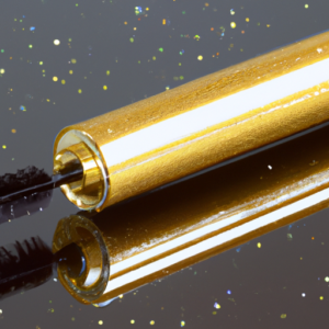 A close-up of a golden mascara wand with a reflective surface.