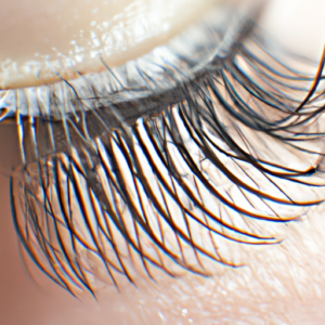 A close-up of a set of long, curled eyelashes.