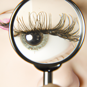 A close-up of a pair of eyelashes with a magnifying glass hovering over them.
