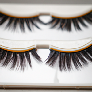 A close-up of a pair of false eyelashes with a magnetic strip attached to the base.