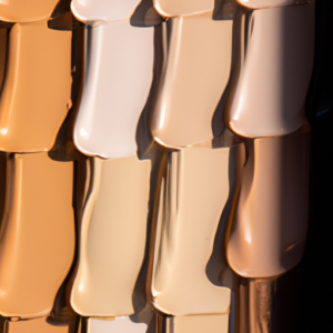 A close-up of an array of makeup foundation samples in various shades of skin tones.