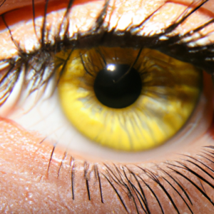 A close-up of a bright yellow eye with long bottom lashes.