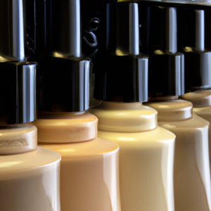 A close-up of a row of different shades of foundation bottles lined up on a beauty counter.