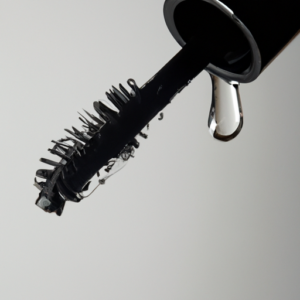 A close-up of a mascara wand, dripping with black liquid.