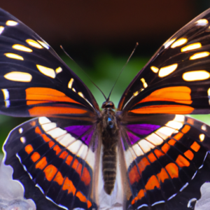 A closeup of a colorful butterfly with its wings spread open