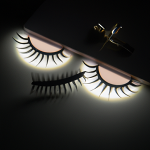 A pair of false eyelashes with a magnet in the center surrounded by a glowing halo of light.