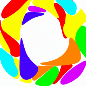 Brightly colored, abstract shapes arranged in a crescent shape.