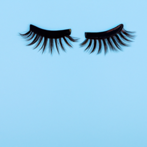 A pair of black magnetic eyelashes hovering over a light blue background.