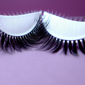 A pair of false eyelashes with a hint of purple eyeshadow in the background.