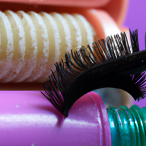 A closeup of a set of long, curled eyelashes with a colorful tube of mascara in the background.