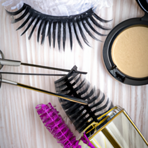 A close-up shot of a set of false eyelashes with mascara brushes and a magnifying glass.