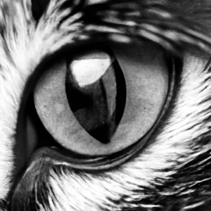 A black and white close-up of a cat's eye, with the liquid eyeliner applied in a perfect line.