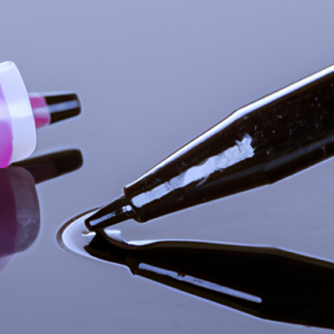 Close-up of two different types of eyeliner - pencil and liquid - side by side on a reflective surface.