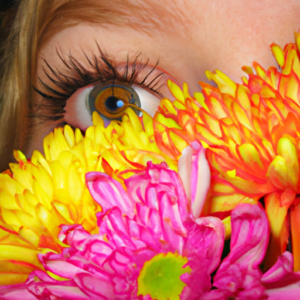 A pair of lush eyelashes emerging from a bouquet of bright flowers.