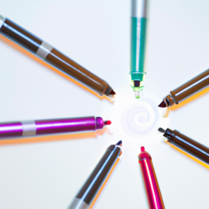A close-up of colorful eyeliners arranged in a circle.