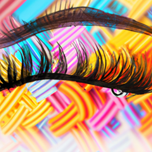 A pair of eyelashes with a magnetic background of colorful, abstract shapes.
