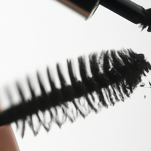 A closeup of a mascara wand with bold, long eyelashes fanning out from the tip.