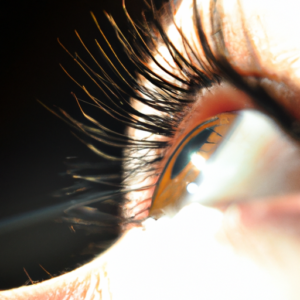 A close up of an eye with long, bold eyelashes.