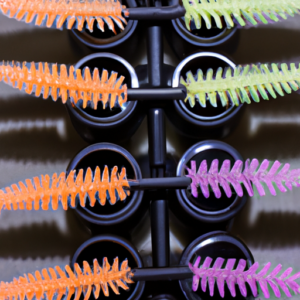 A close-up of a colorful array of mascara wands arranged in a fan shape.