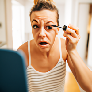 Woman applying mascara to one eye while looking in the mirror with a neutral expression.
