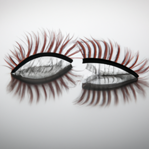 A close-up of a pair of fake eyelashes on a reflective surface.