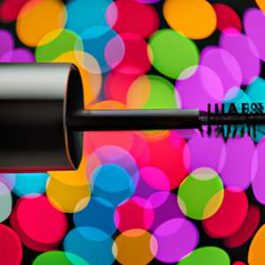 Closeup of a mascara wand with colorful circles around it.