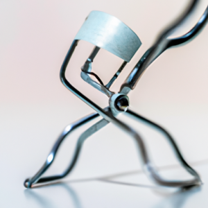 A close-up of an eyelash curler with a few eyelashes in the background.