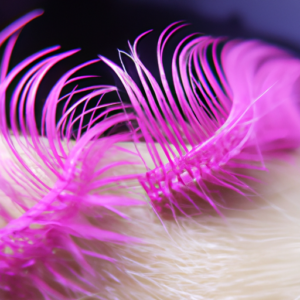 A close-up of a pair of curled eyelashes in pink and purple tones.
