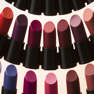 A closeup of a variety of lipsticks arranged in a color wheel pattern.