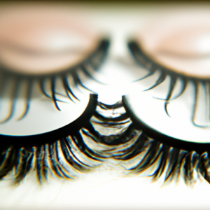 A close-up image of a pair of false eyelashes with a magnetic strip, surrounded by a field of fuzzy, distorted static.