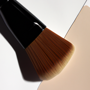 Suggestion: A close-up of a makeup brush blending a light and dark shade of foundation on a white surface.