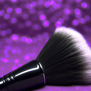 A close-up of a makeup brush with a bright purple background.