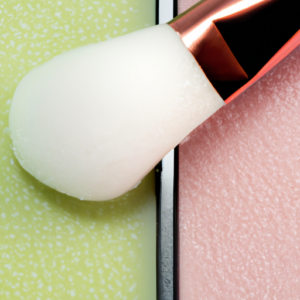 A close-up of a pink and green cosmetic palette with a brush and a cotton swab.
