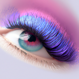 A close-up of an eye with long eyelashes, painted in a gradient of purple and blue.