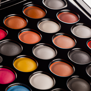 A close-up of a colorful makeup palette