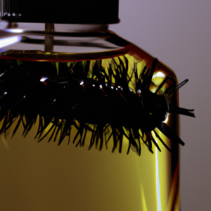 A close-up image of a bottle of castor oil with long, dark eyelashes draped over the top.