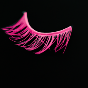 A close-up of a bright pink, curled eyelash against a black background.