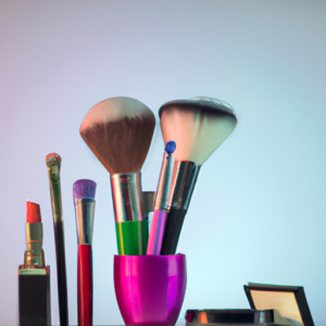 A close-up of a makeup brush and a variety of cosmetics against a gradient background.